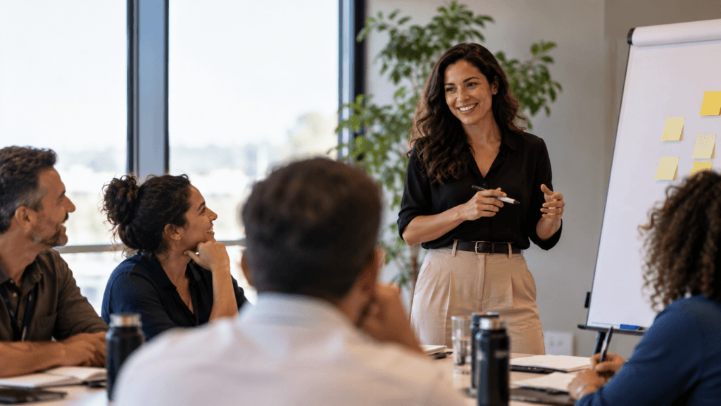 Facilitadora conduzindo capacitação em segurança do trabalho com equipe em sala de treinamento
